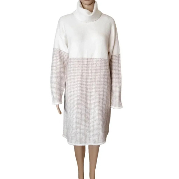 TAHARI Cream Multi Long Sleeve Turtleneck long sleeve Dress size L - Picture 1 of 9